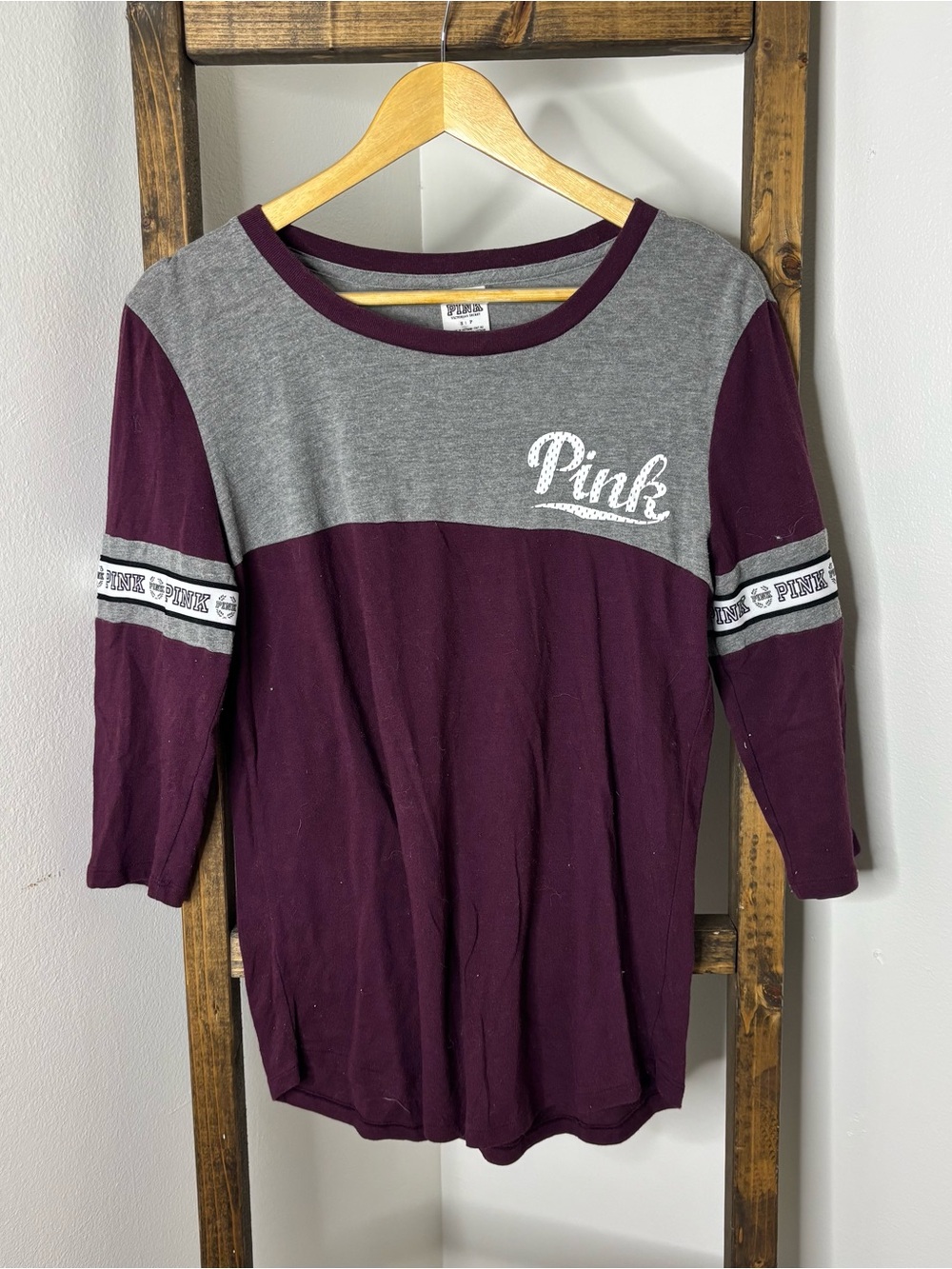 PINK Victoria's Secret Maroon and Gray Colorblock Long Sleeve Tee Size S